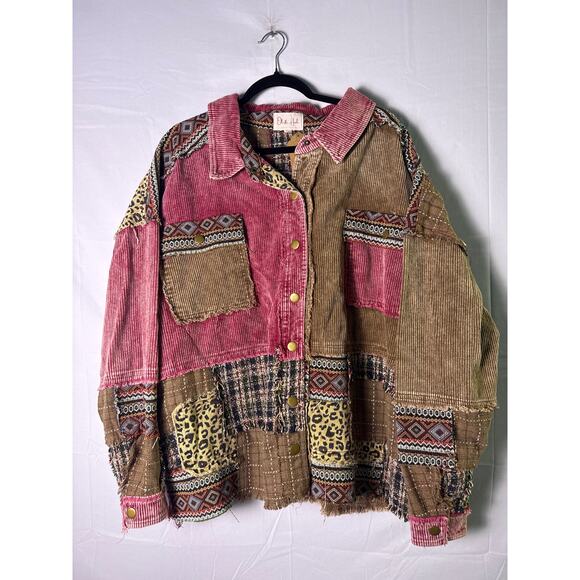 Oli & Hali Jackets & Blazers - Oli & Hali Washed Fabric Blocked Jacket Berry Patchwork Corduroy Medium-Large
